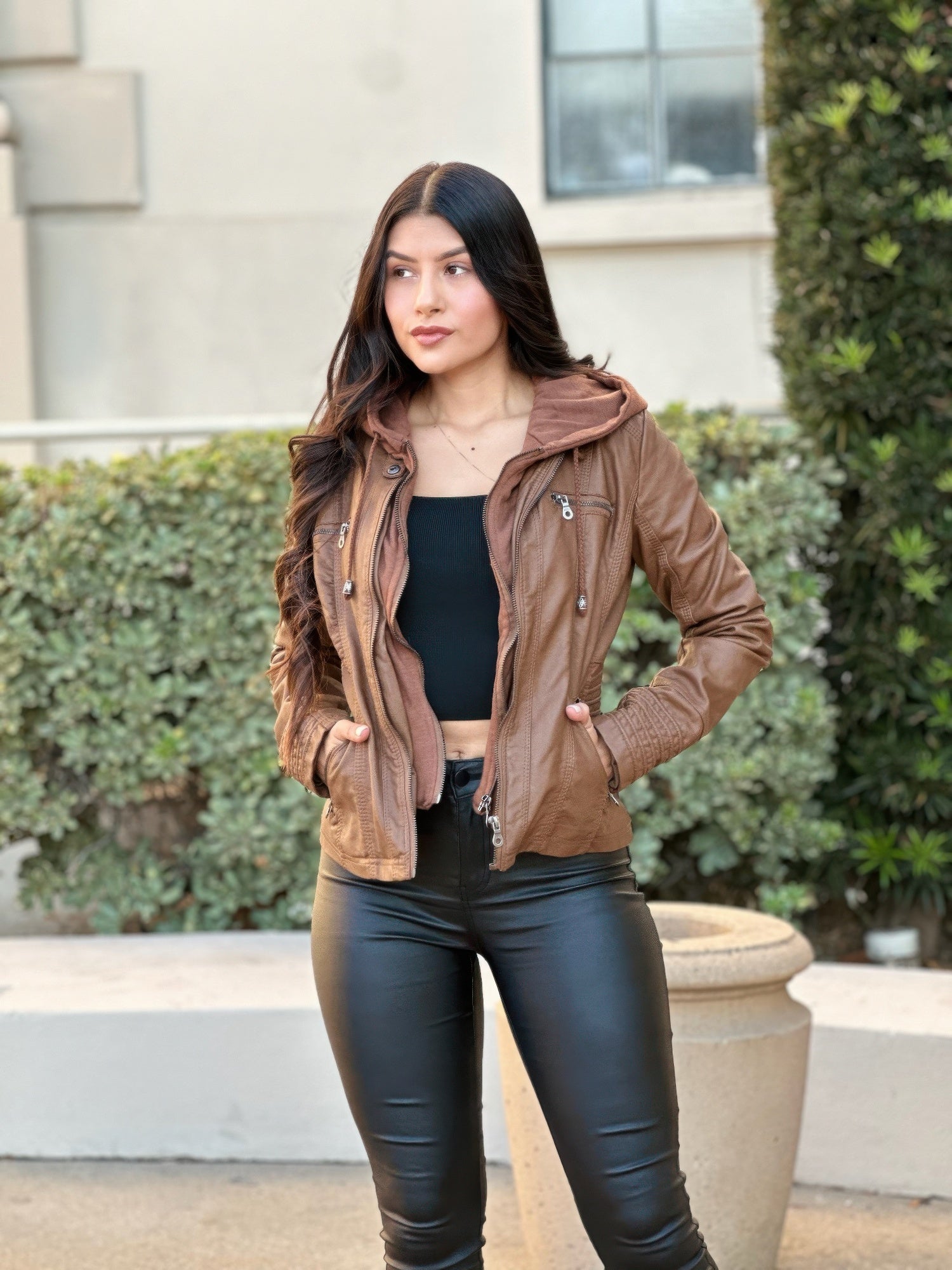 Hooded faux leather jacket, brown, drawstring hood, zip front and side pockets