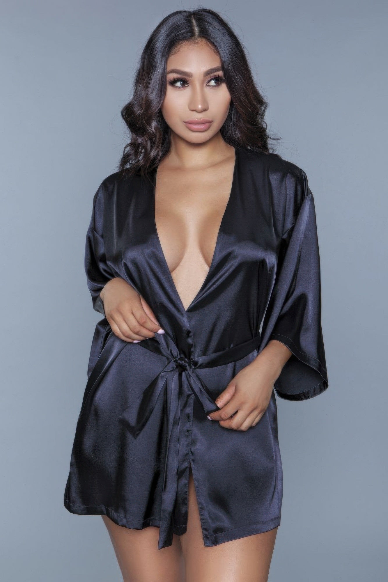 Black satin robe with deep V-neck, tied waist belt, loose sleeves