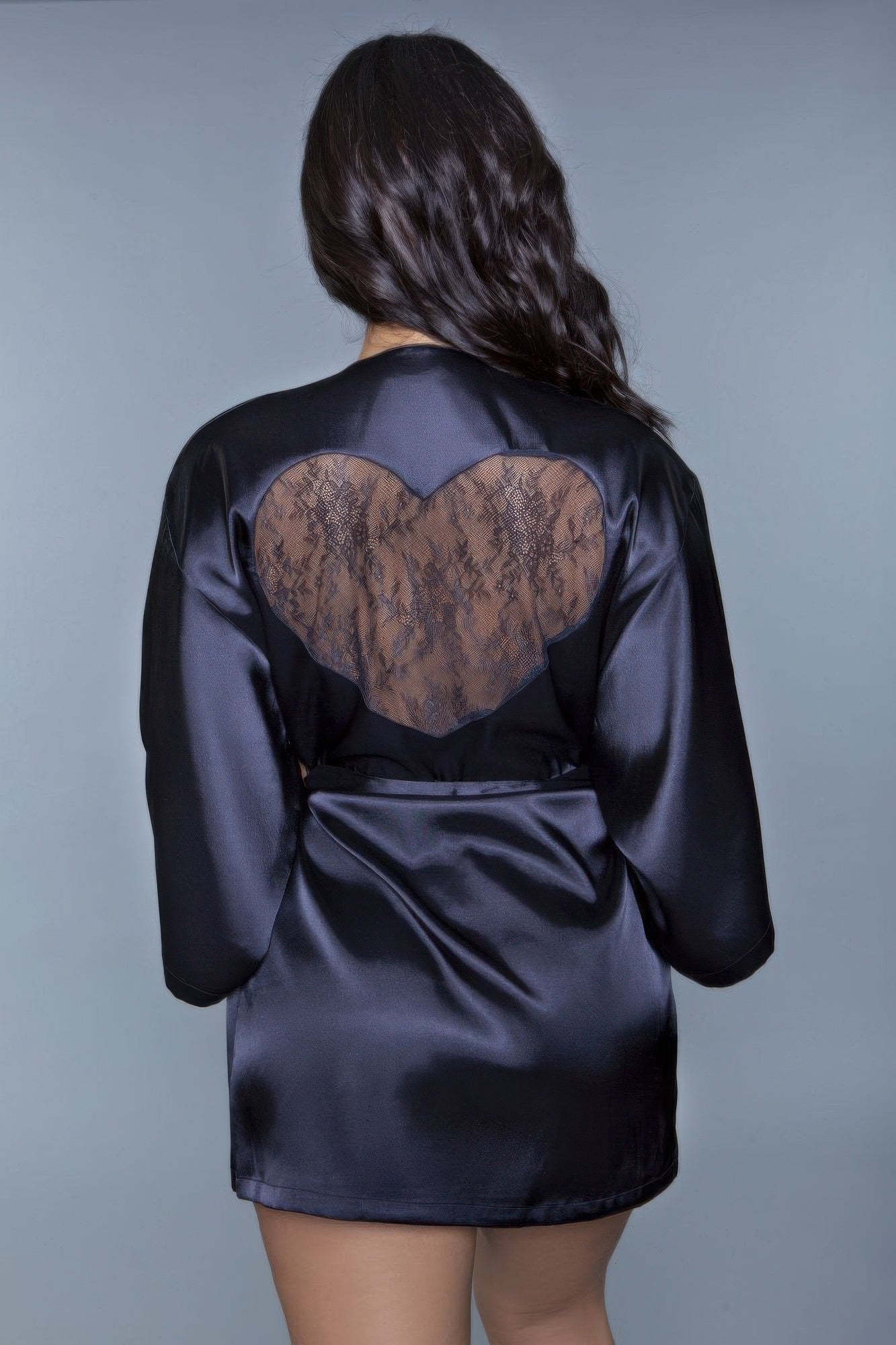 Black satin robe back view with heart-shaped lace panel and tied waist knot