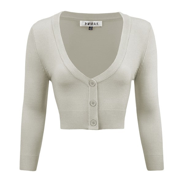 Cropped bolero cardigan, 3/4 sleeves, V-neck, button front knit, white