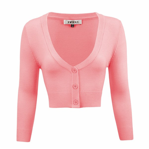 Cropped bolero cardigan, 3/4 sleeves, V-neck, button front knit, rose pink