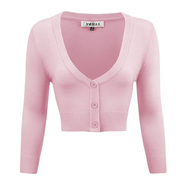 Cropped bolero cardigan, 3/4 sleeves, V-neck, button front knit, pale pink