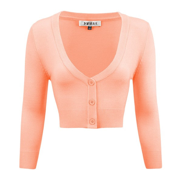 Peach cropped bolero cardigan with 3/4 sleeves, V-neck and button front