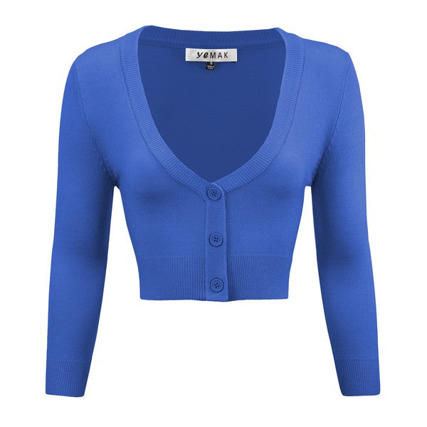 Cropped bolero cardigan, 3/4 sleeves, scoop neck, button front, blue