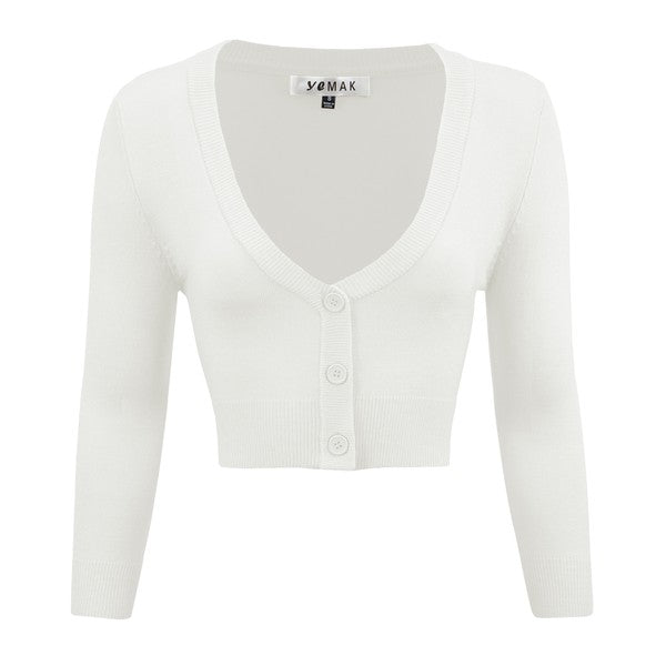 Cropped bolero cardigan, 3/4 sleeves, scoop neck, button front, white