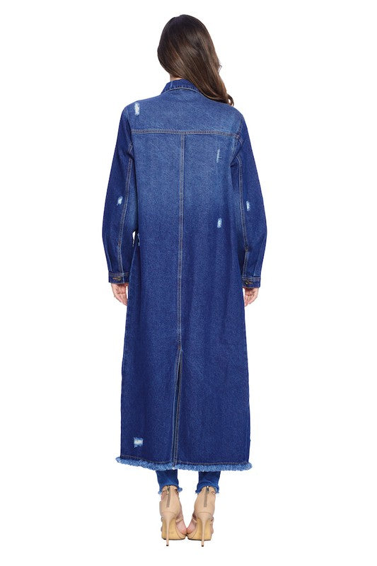 Women's Long Distressed Denim Jacket - Tigbul's Variety Fashion Shop