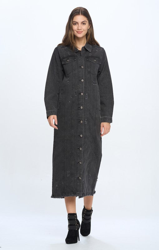 Women's Long Distressed Denim Jacket - Tigbul's Variety Fashion Shop