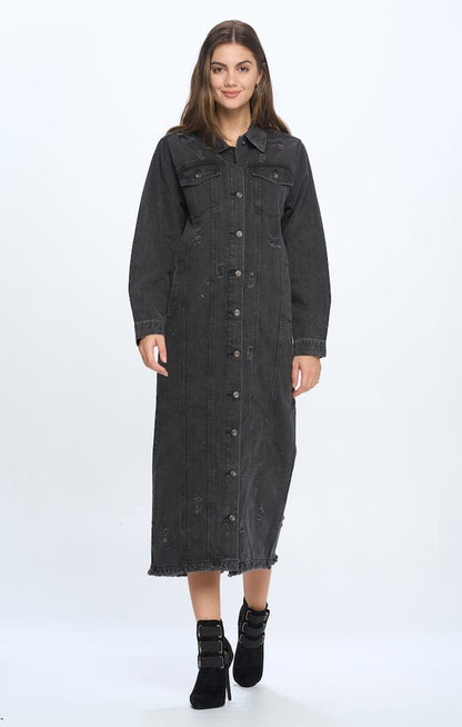 Women's Long Distressed Denim Jacket - Tigbul's Variety Fashion Shop