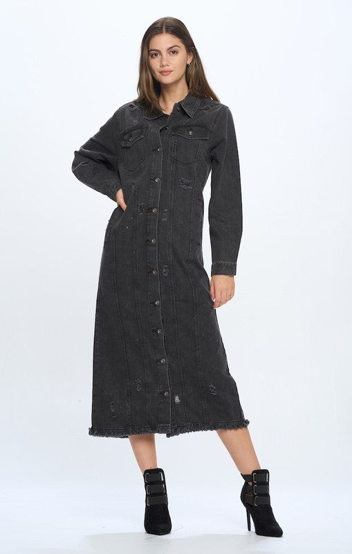 Women's Long Distressed Denim Jacket - Tigbul's Variety Fashion Shop