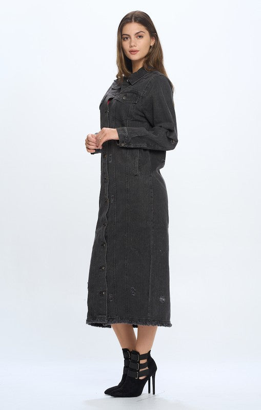 Women's Long Distressed Denim Jacket - Tigbul's Variety Fashion Shop