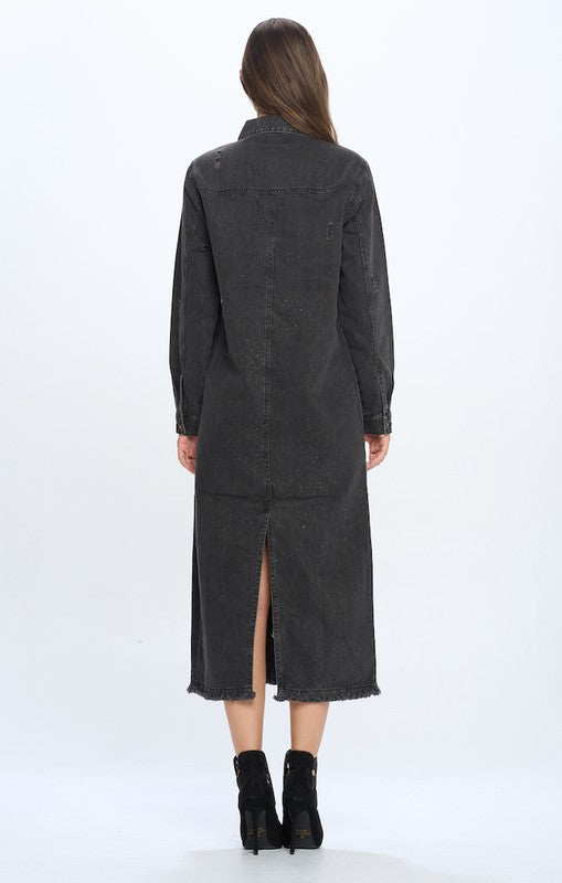 Women's Long Distressed Denim Jacket - Tigbul's Variety Fashion Shop