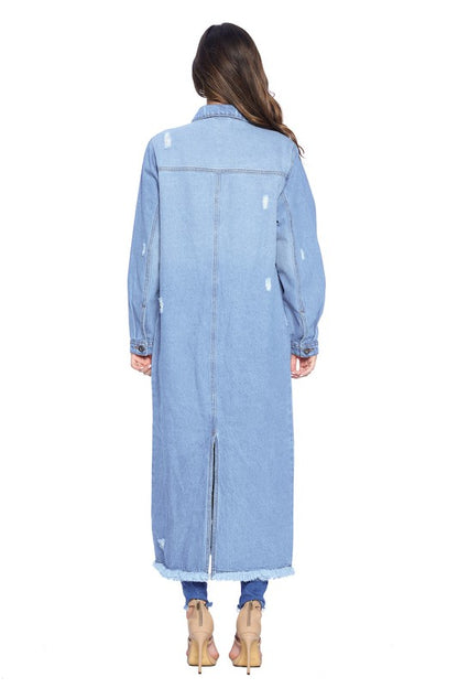 Women's Long Distressed Denim Jacket - Tigbul's Variety Fashion Shop