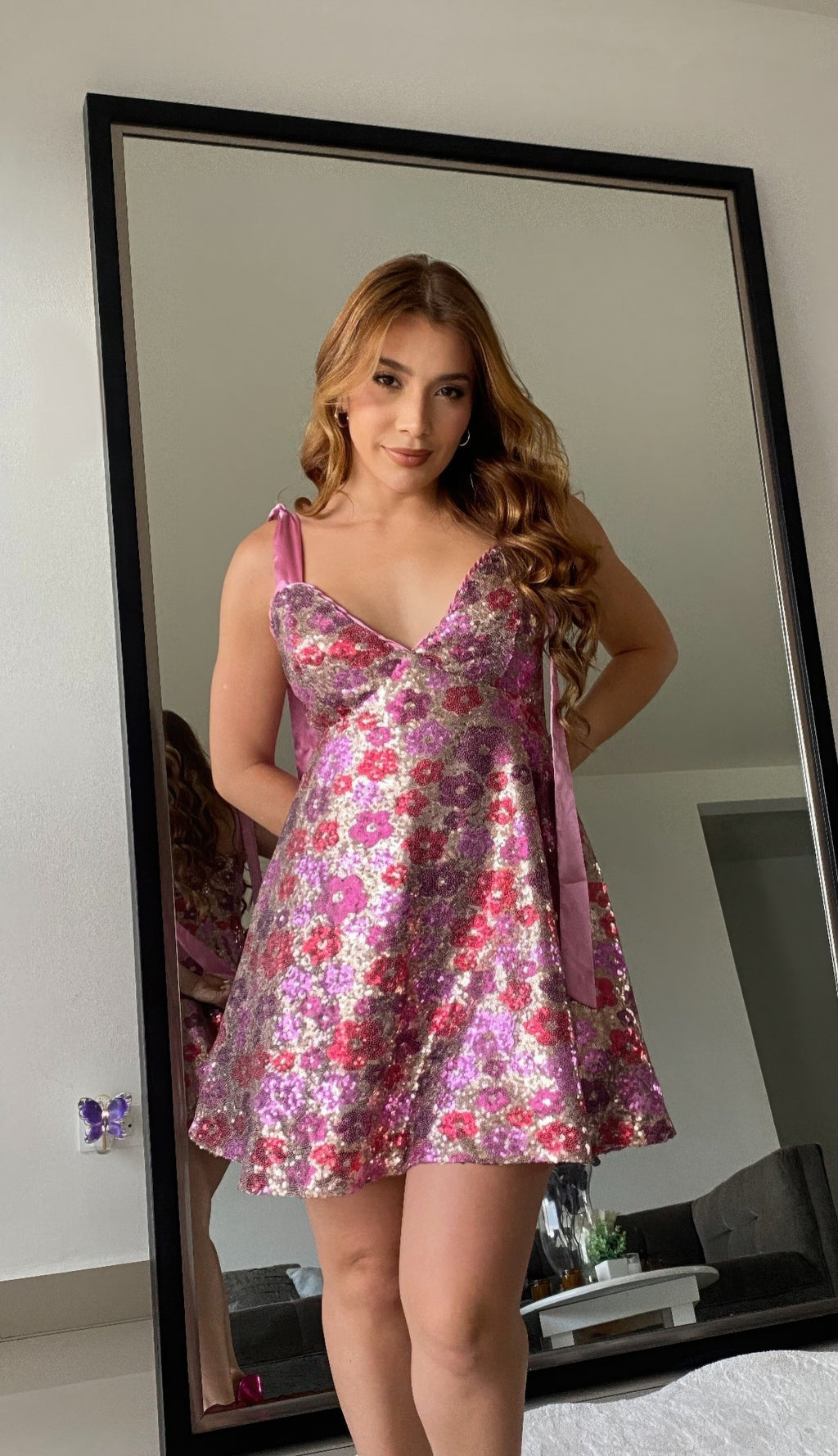 Pink sequin floral mini dress, V-neck, tie-shoulder straps