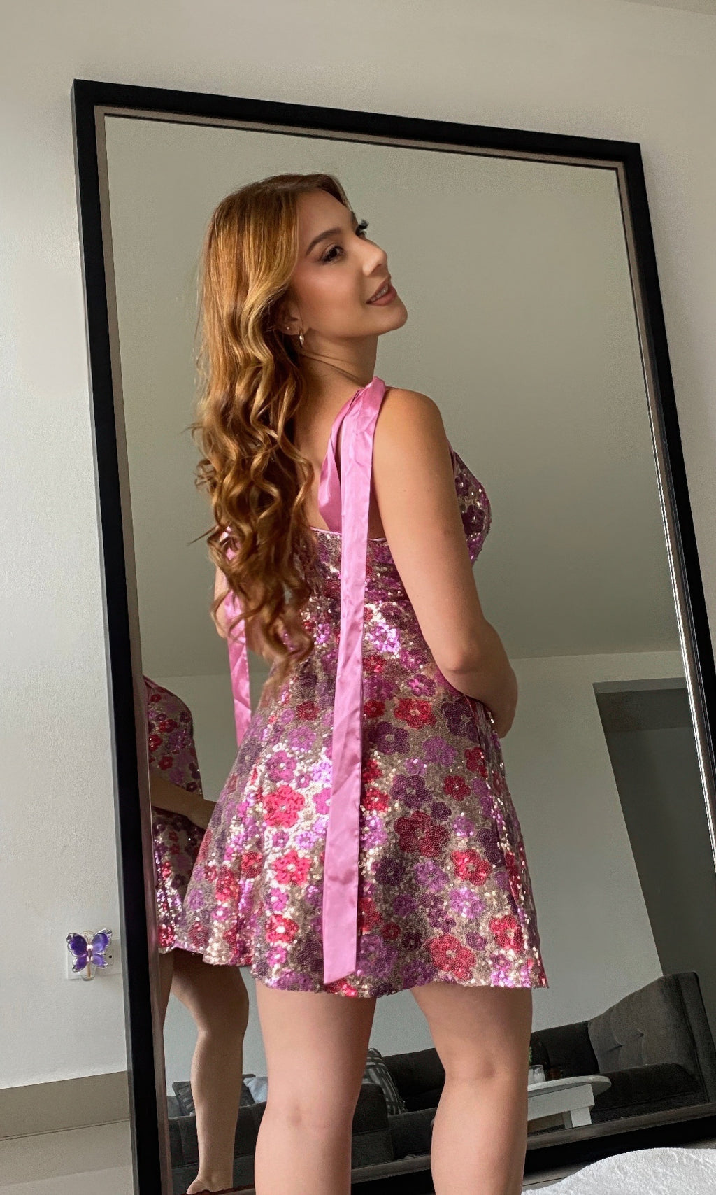 Pink sequin floral mini dress, open back tie straps, sleeveless V-neck