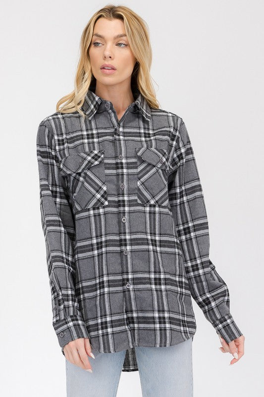 Boyfriend long-sleeve flannel in dark grey plaid with button front and chest patch pockets