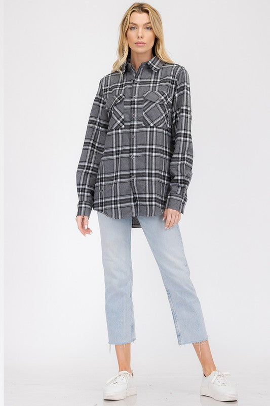 Boyfriend flannel shirt in black-and-grey plaid, button front, chest patch pockets