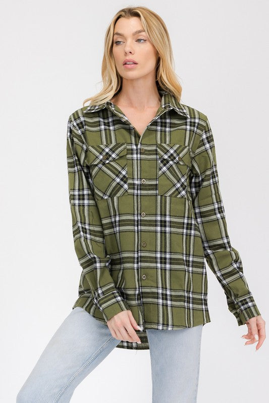 Boyfriend long sleeve flannel in olive green plaid, button-up shirt with flap chest pockets