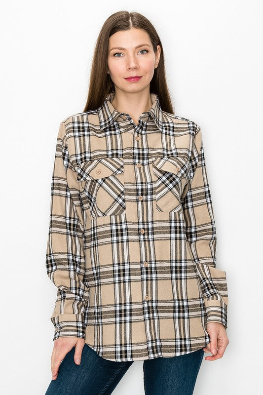 Womens boyfriend long sleeve flannel in tan and black plaid, button-front with chest pockets