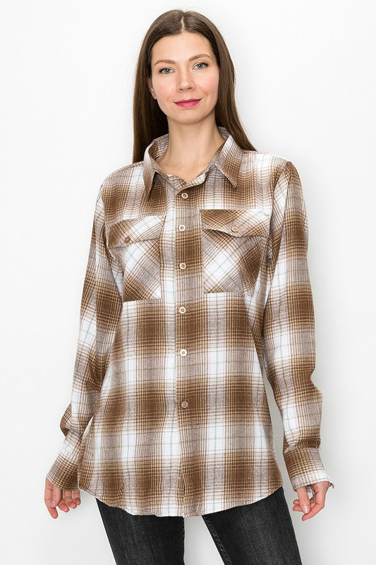 Tan-and-brown plaid boyfriend flannel shirt, button-front with chest patch pockets