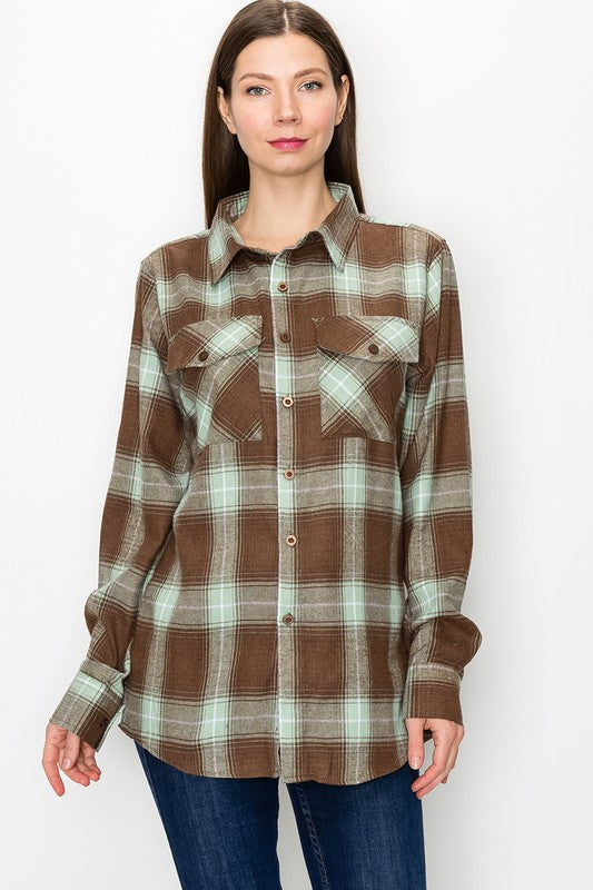 Brown plaid flannel for women with button-up front and chest patch pockets, long sleeves