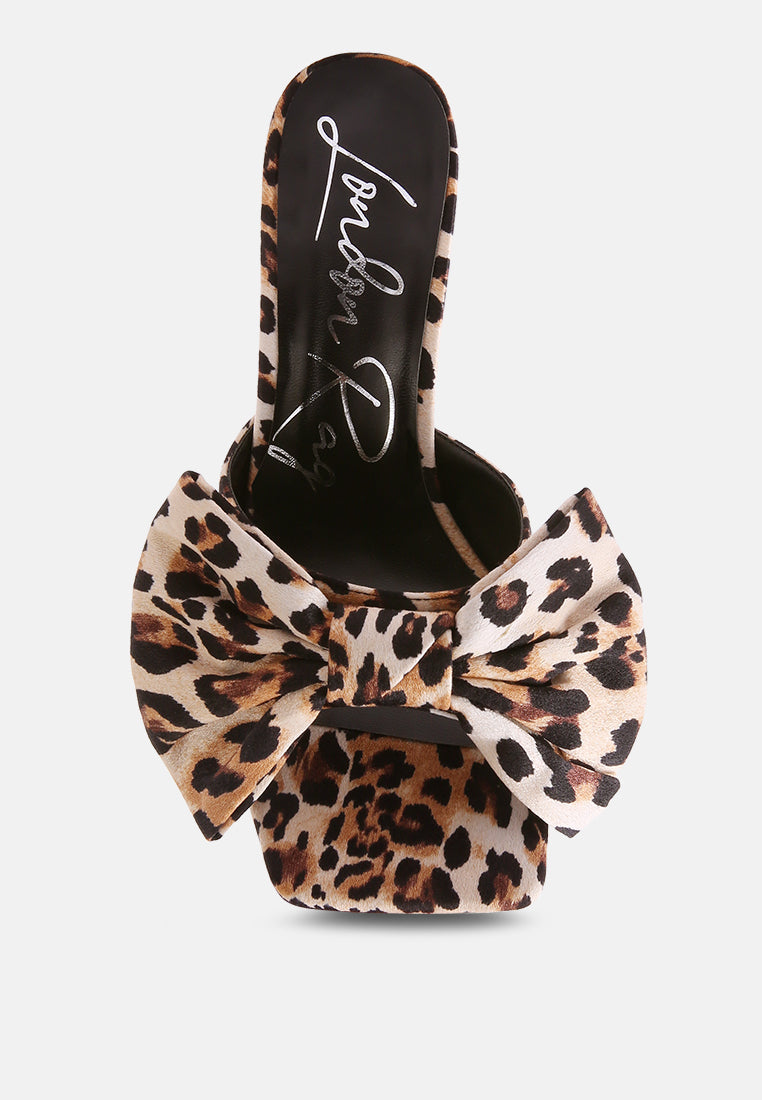 Leopard print bow detail on open-toe slide heel sandal with black interior