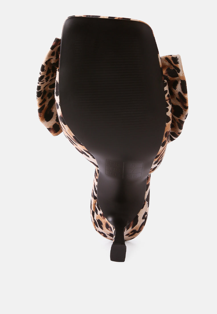 Leopard print back view of heeled slide sandals with cushioned heel cup