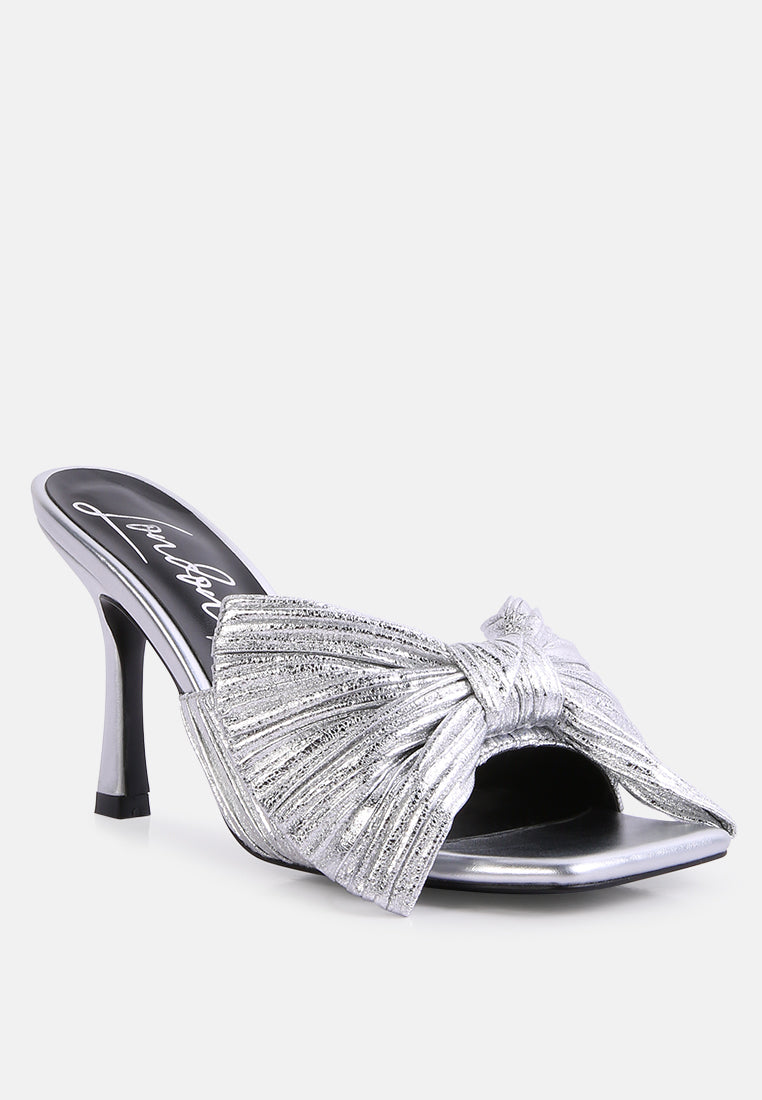 Silver high-heeled slider sandals with bow-knot front and open sides