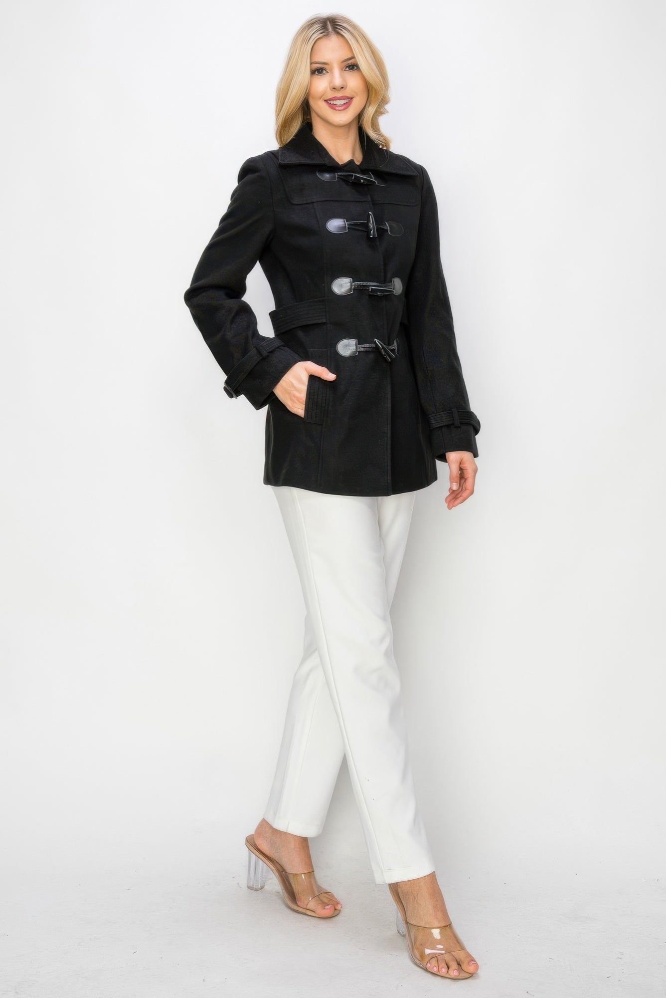 Black wool toggle peacoat with wide collar, front pockets