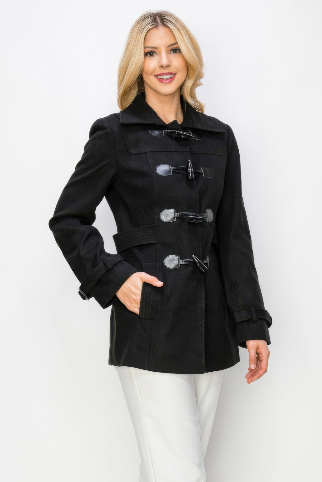 Black toggle peacoat with belt-like waist tab and front pockets