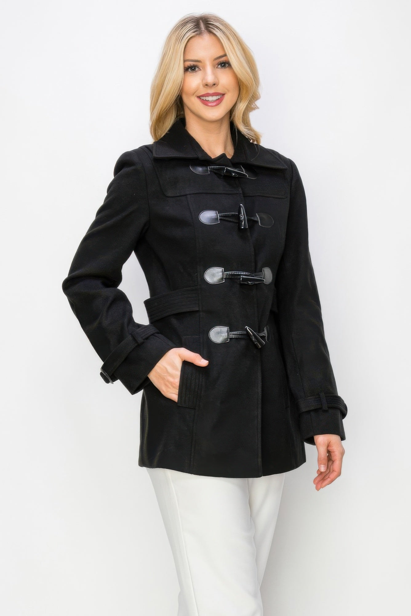 Black toggle peacoat with belt-like waist tab and front pockets