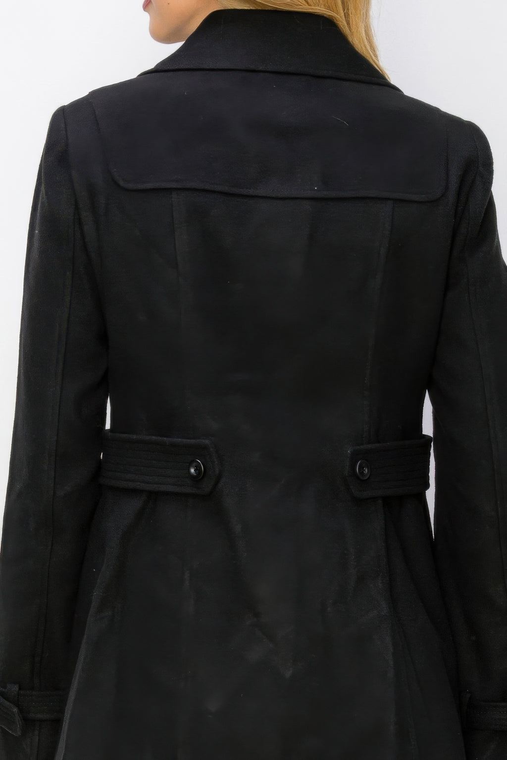 Back view of black wool peacoat with fitted waist tabs