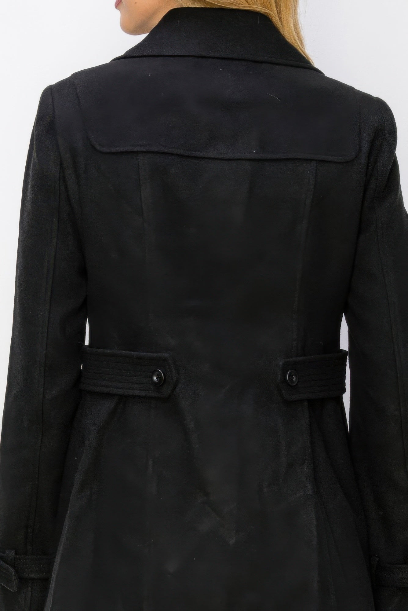 Back view of black wool peacoat with fitted waist tabs