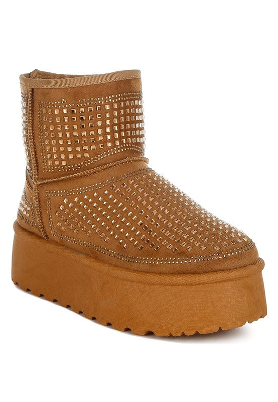Beige chunky rhinestone ankle boots with square stud pattern, side view