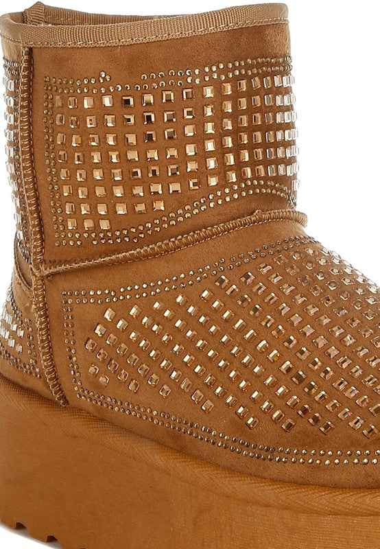 Tan ankle boots with rhinestone square panels and chunky platform sole