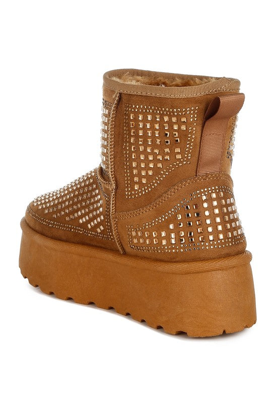 Tan chunky ankle boots with rhinestone square detailing and thick sole