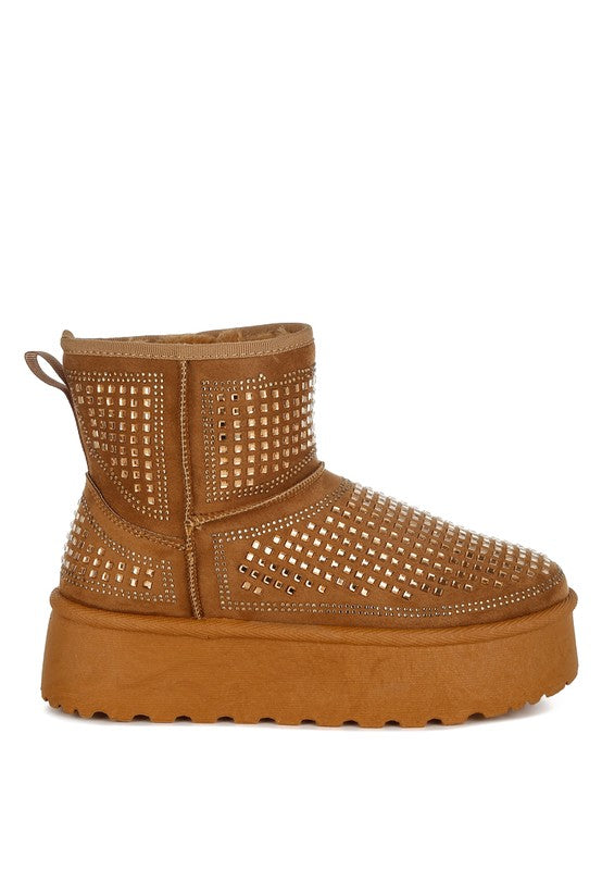 Tan Rag Company ankle boots with rhinestone square accents, side view