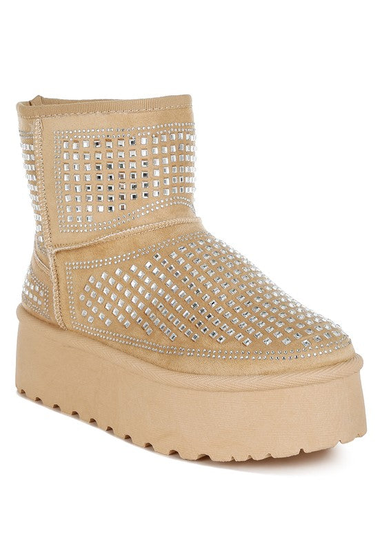 Beige chunky ankle boots with rhinestone square panels and cushioned platform