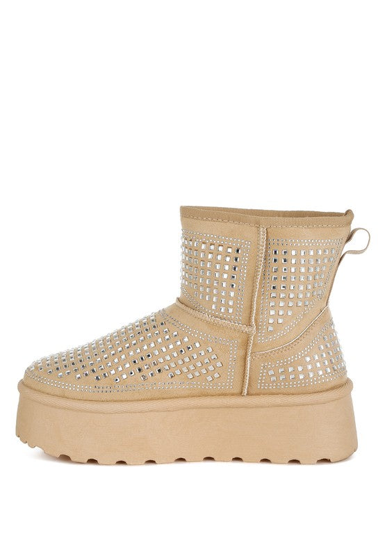 Beige ankle boots with rhinestone square pattern and thick, textured platform