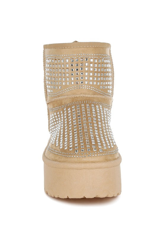 Beige chunky ankle boots with rhinestone square pattern, heel view