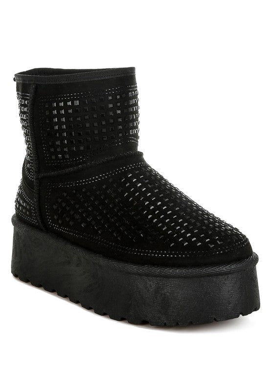 Black chunky rhinestone ankle boots with square stud pattern, side view