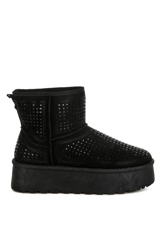 Black chunky ankle boots with rhinestone square panels and thick platform sole