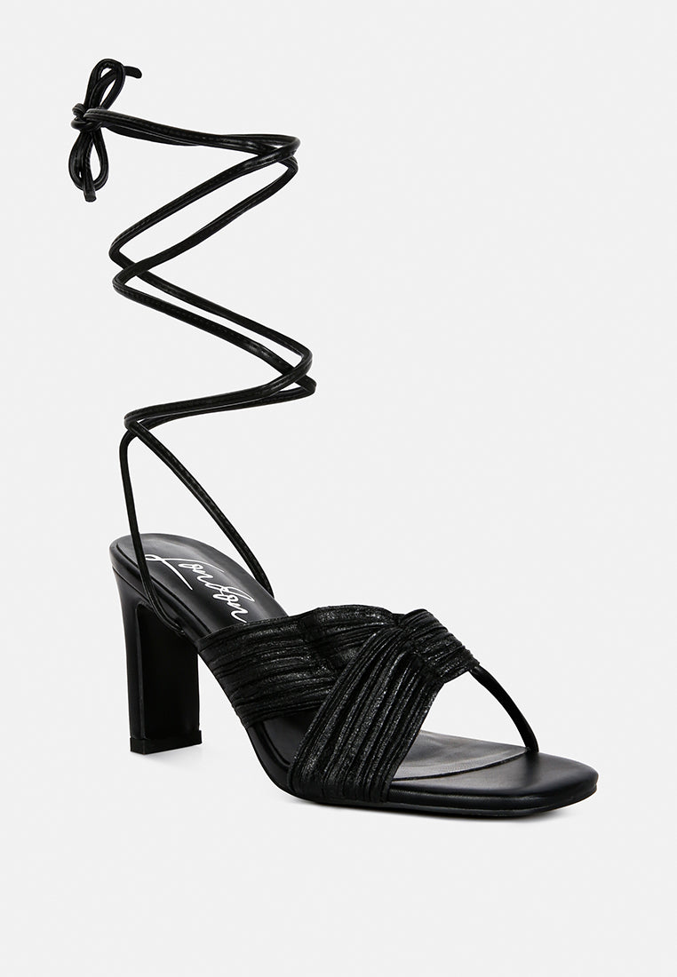 Xuxa Metallic Tie Up Italian Block Heel Sandals - Tigbul's Variety Fashion Shop
