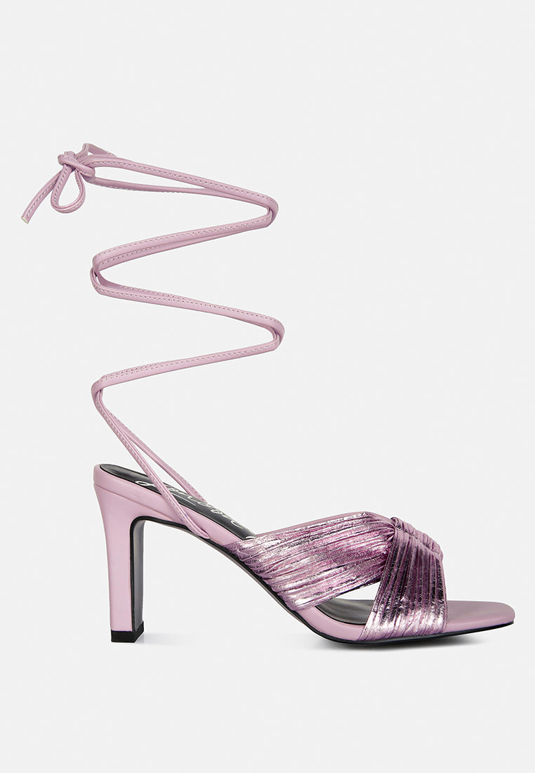 Xuxa Metallic Tie Up Italian Block Heel Sandals - Tigbul's Variety Fashion Shop