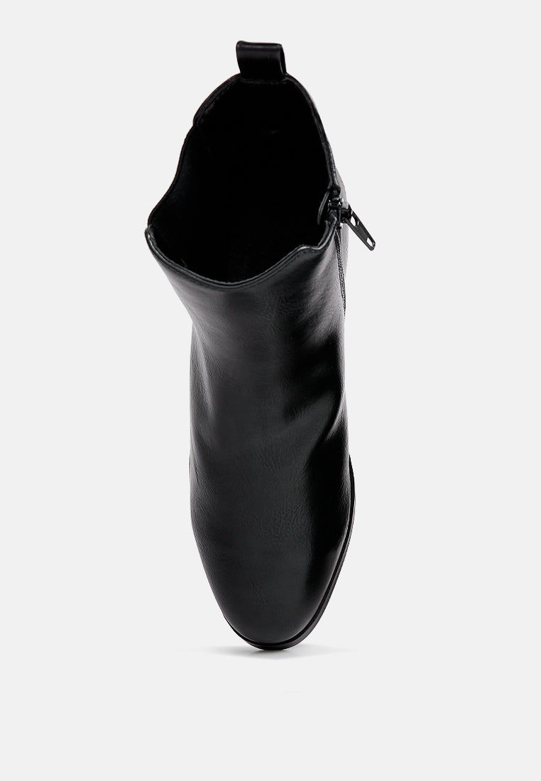 Black ankle boots top view showing open collar and pull tab
