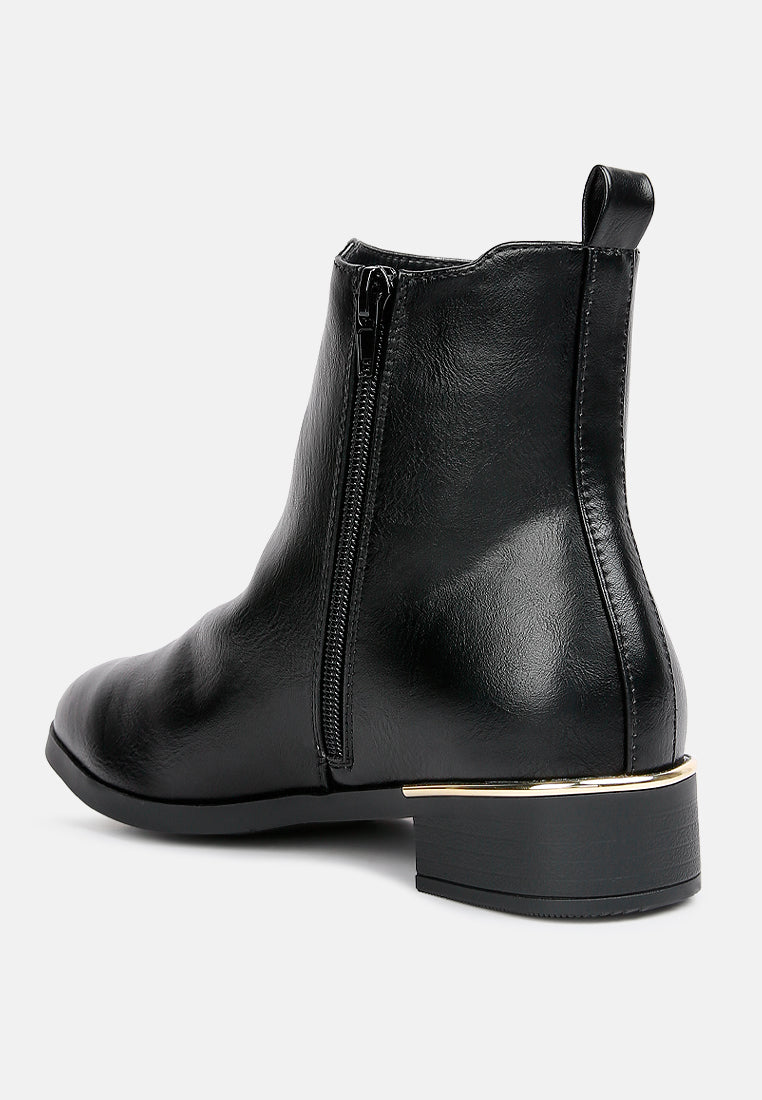 Black ankle boots heel and back view with stacked low block heel and zipper detail