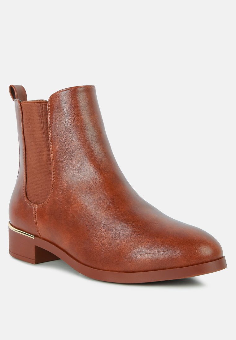 Brown leather-look chelsea ankle boots with elastic gore and squared low heel