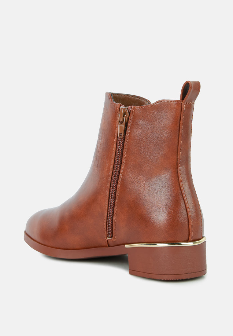 Brown ankle boots heel view with pull-tab, side zipper, and metal accent trim