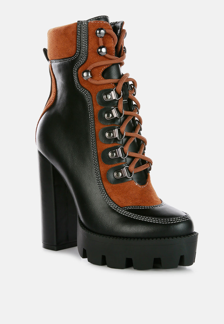 Yeti black and tan high-heel lace-up biker boots, metal eyelets and laces