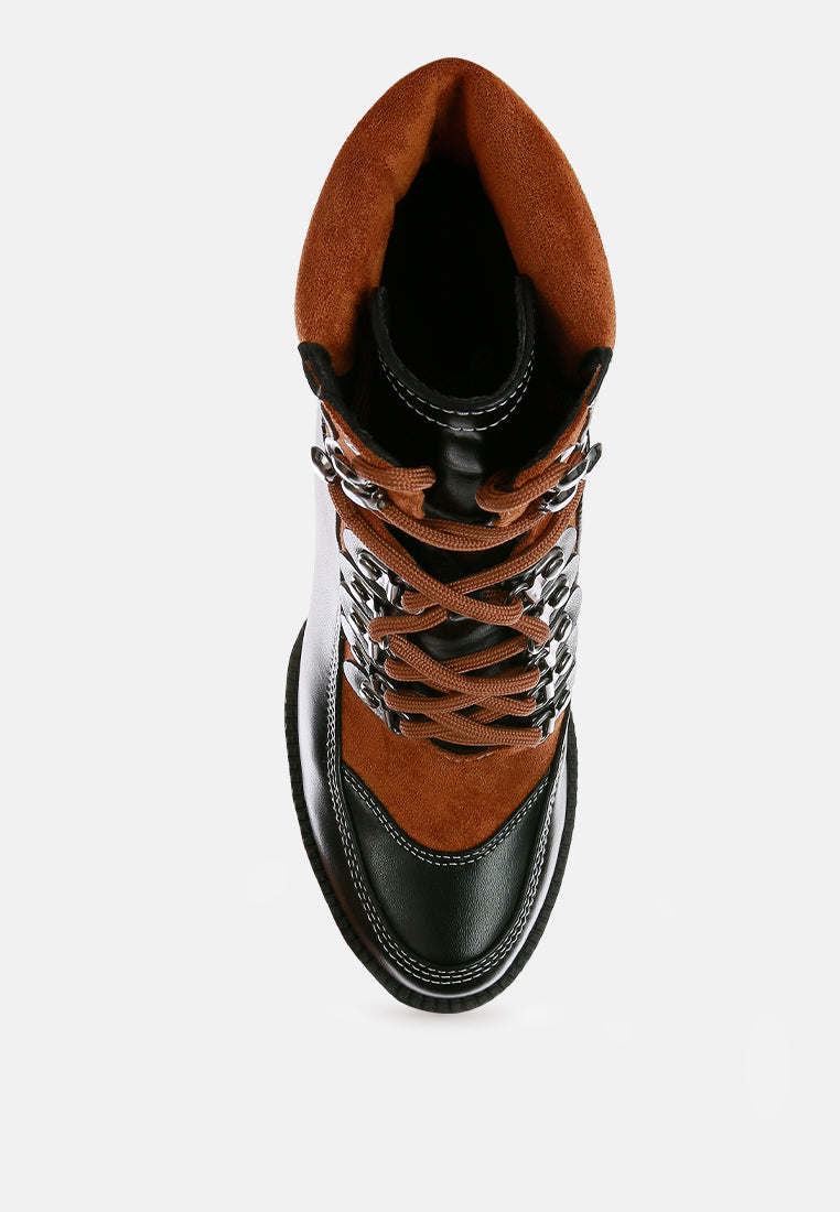 Yeti black and tan biker boots with lace-up front and soft interior lining