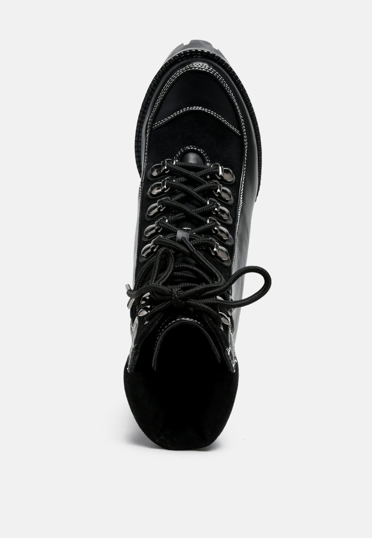 Yeti lace-up biker boots, black, front view with metal eyelets and raised platform sole